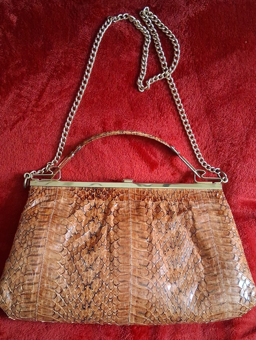 Vintage Snakeskin Handbag With Strap And Metal